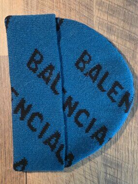 Balenciaga Blue & Black Diagonal All-Over Logo Jacquard Knit Beanie Hat